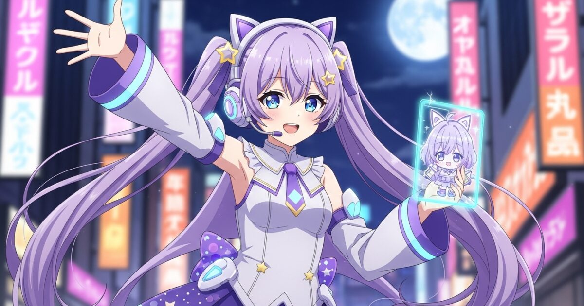 夜の都市でホログラムを見せる猫耳ヘッドフォンのVTuberイラスト